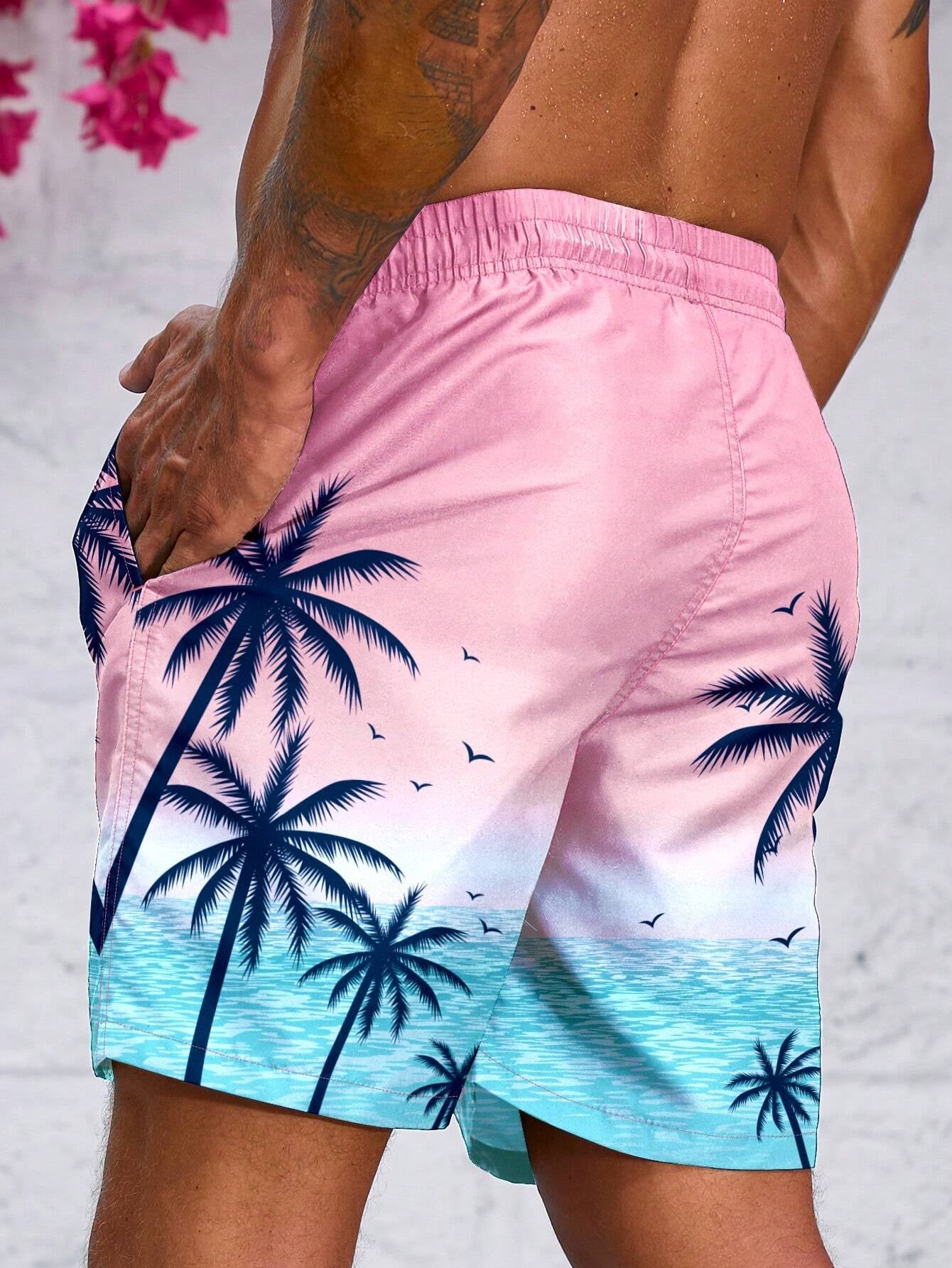 Manfinity Men'S Coconut Tree & Ocean Scenery Graphic Printed Beach Shorts Pool Shorts, for Beach, Vacation