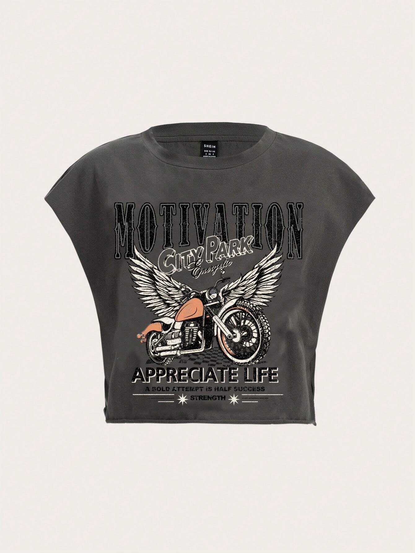 Ezwear Bikercore Lettering and Motorcycle Wings Printed T-Shirt