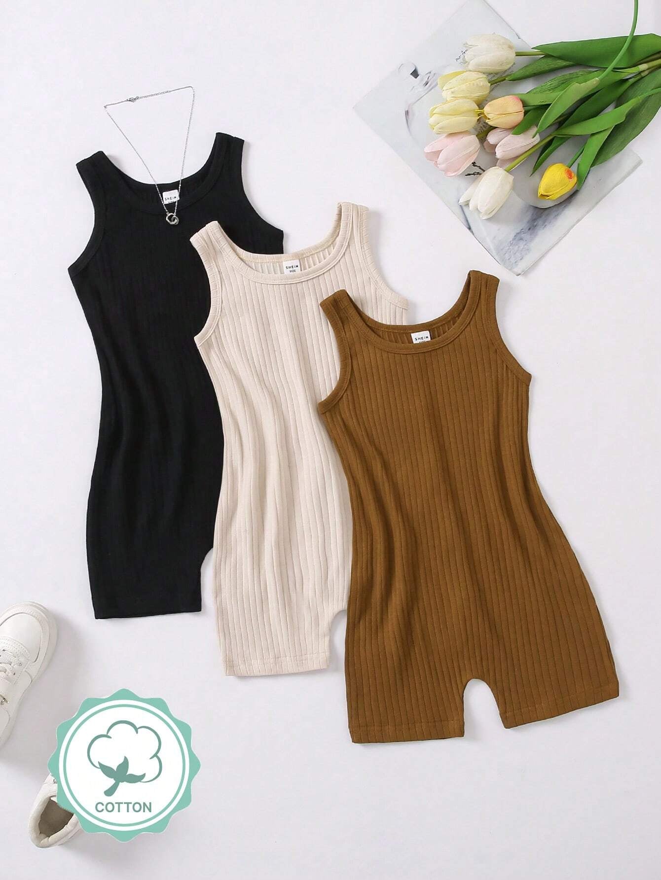 3 Pcs Young Girl Casual Basic Street Style Tight Jumpsuit Set Bodysuits for Young Girl