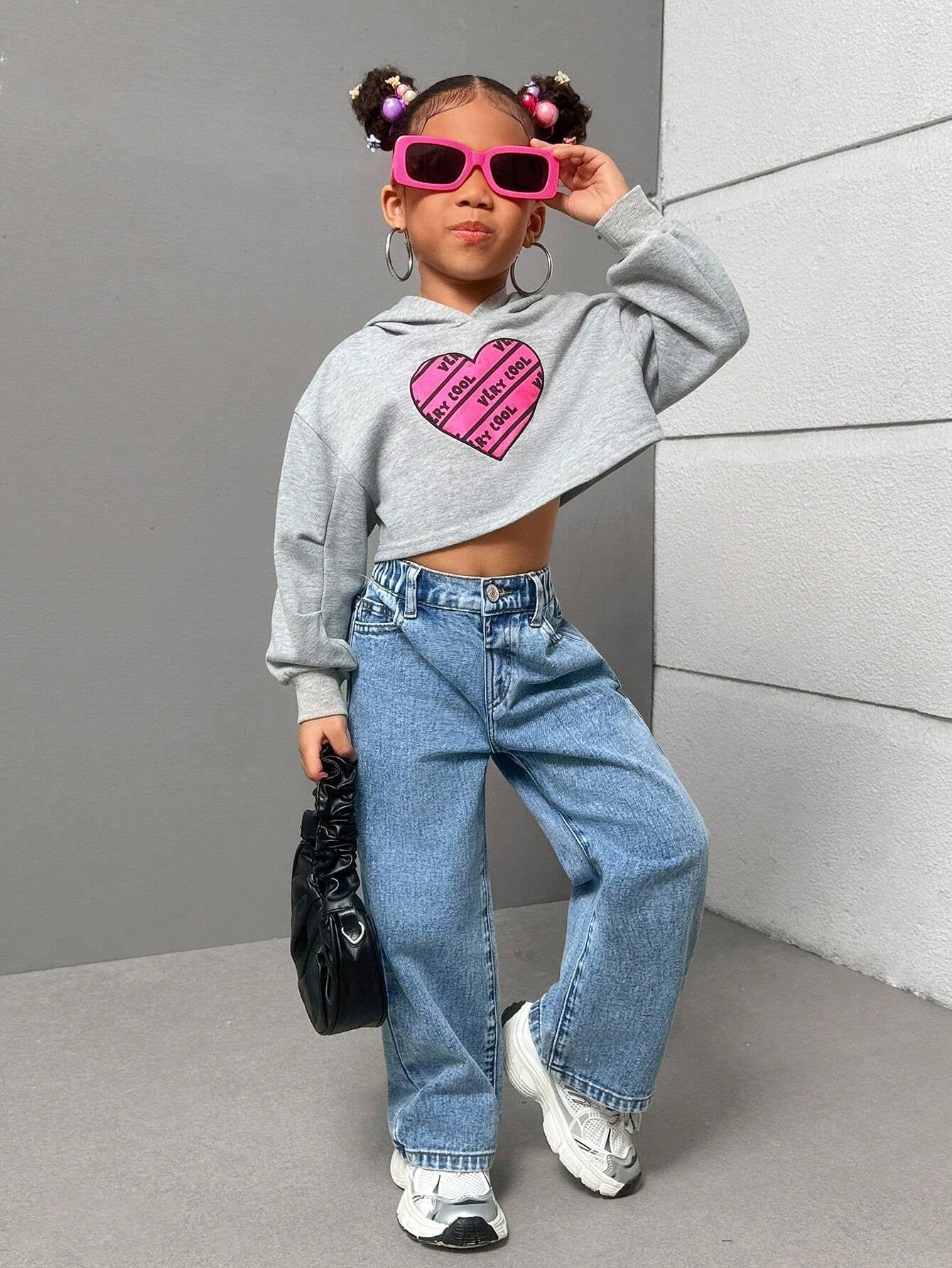 Streecool Kids Young Girls Fashionable Casual Washed Denim Straight-Leg Pants with Embroidered Back Pockets Wide Leg Jeans Kidsbaggy Jeans Young Girl Girls