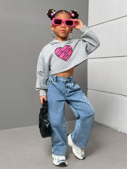 Streecool Kids Young Girls Fashionable Casual Washed Denim Straight-Leg Pants with Embroidered Back Pockets Wide Leg Jeans Kidsbaggy Jeans Young Girl Girls