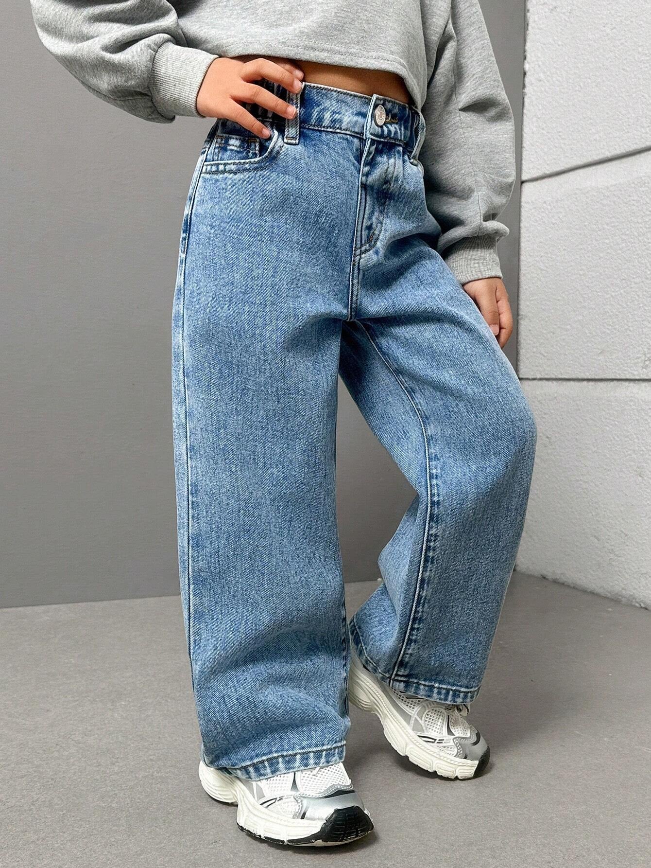 Streecool Kids Young Girls Fashionable Casual Washed Denim Straight-Leg Pants with Embroidered Back Pockets Wide Leg Jeans Kidsbaggy Jeans Young Girl Girls