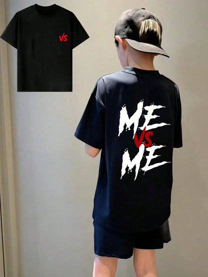 1Pc Tween Boys Me Vs Me Graphic Print Short Sleeve T-Shirt, Suitable for Male Student Summer Wear