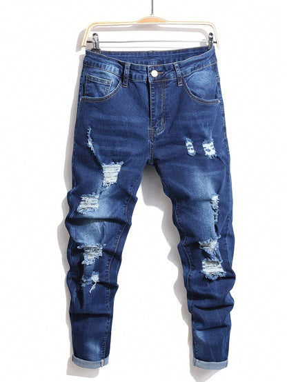 Manfinity LEGND Men'S Slim-Fit Denim Pants with Pockets and Distressed Design for Daily and Travel