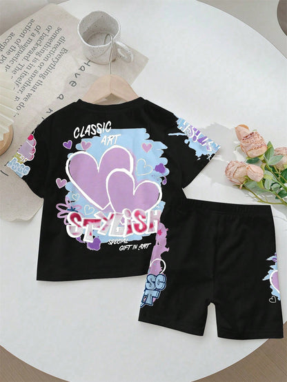 Young Girl round Neck Short Sleeve Heart Letter Print Top and Casual Street Style Shorts Set, Suitable for Summer