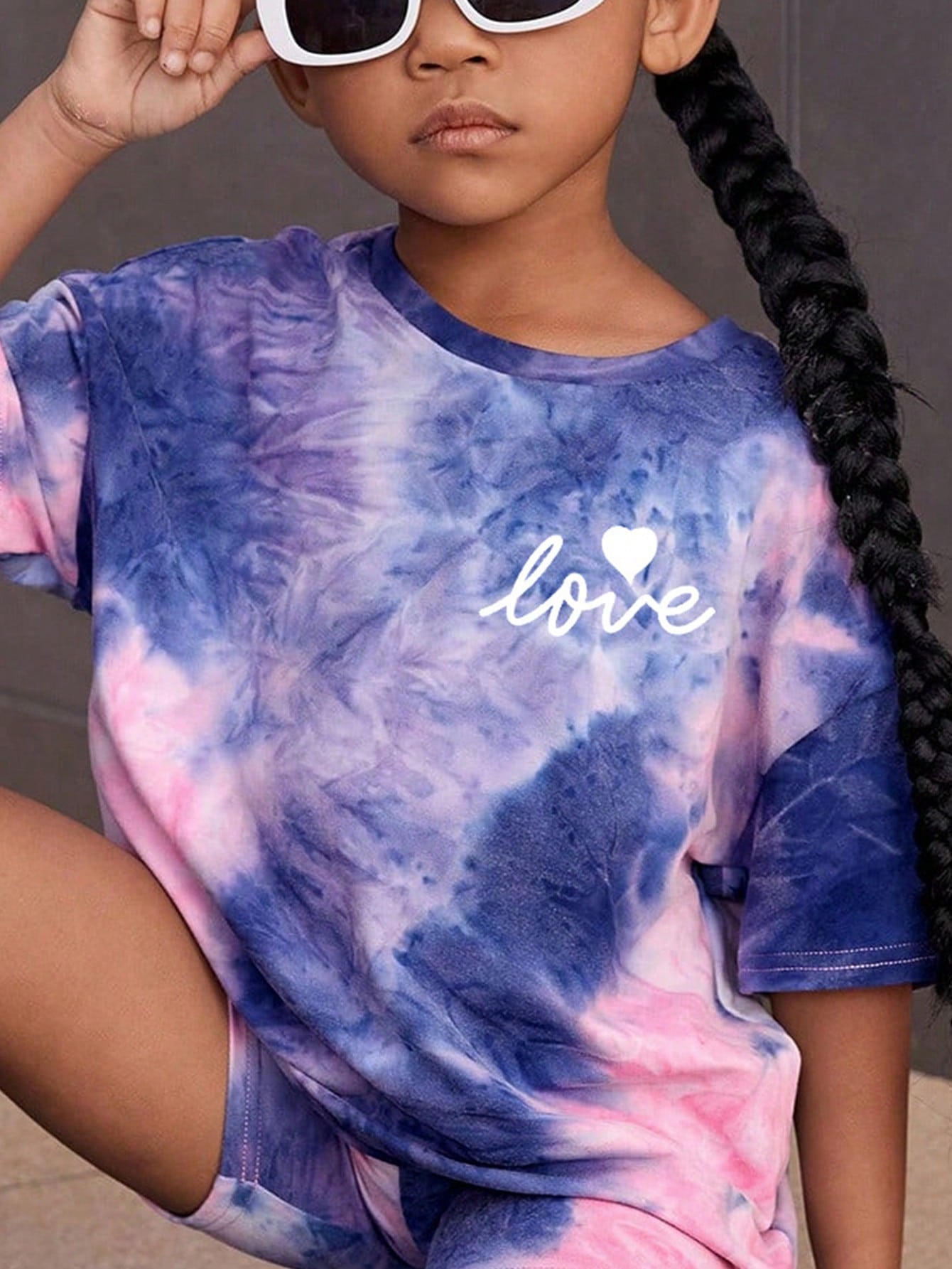 Tie-Dye Heart Design, Young Girls' Casual Simple Short Sleeve T-Shirt and Shorts Set, Suitable for Summer Young Girl Two Piece Setkids Two Piece Setskids Streetwear