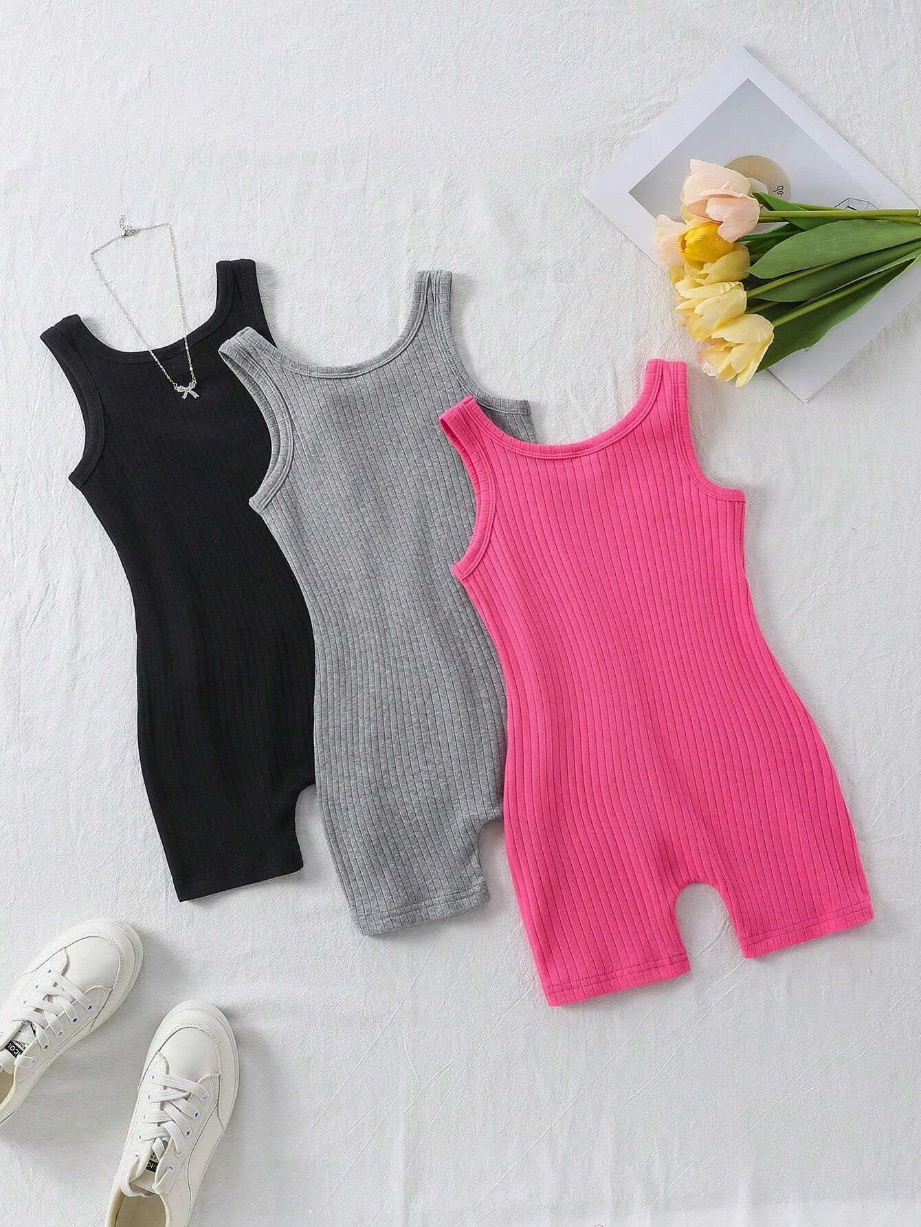 3 Pcs Young Girl Casual Basic Street Style Tight Jumpsuit Set Bodysuits for Young Girl