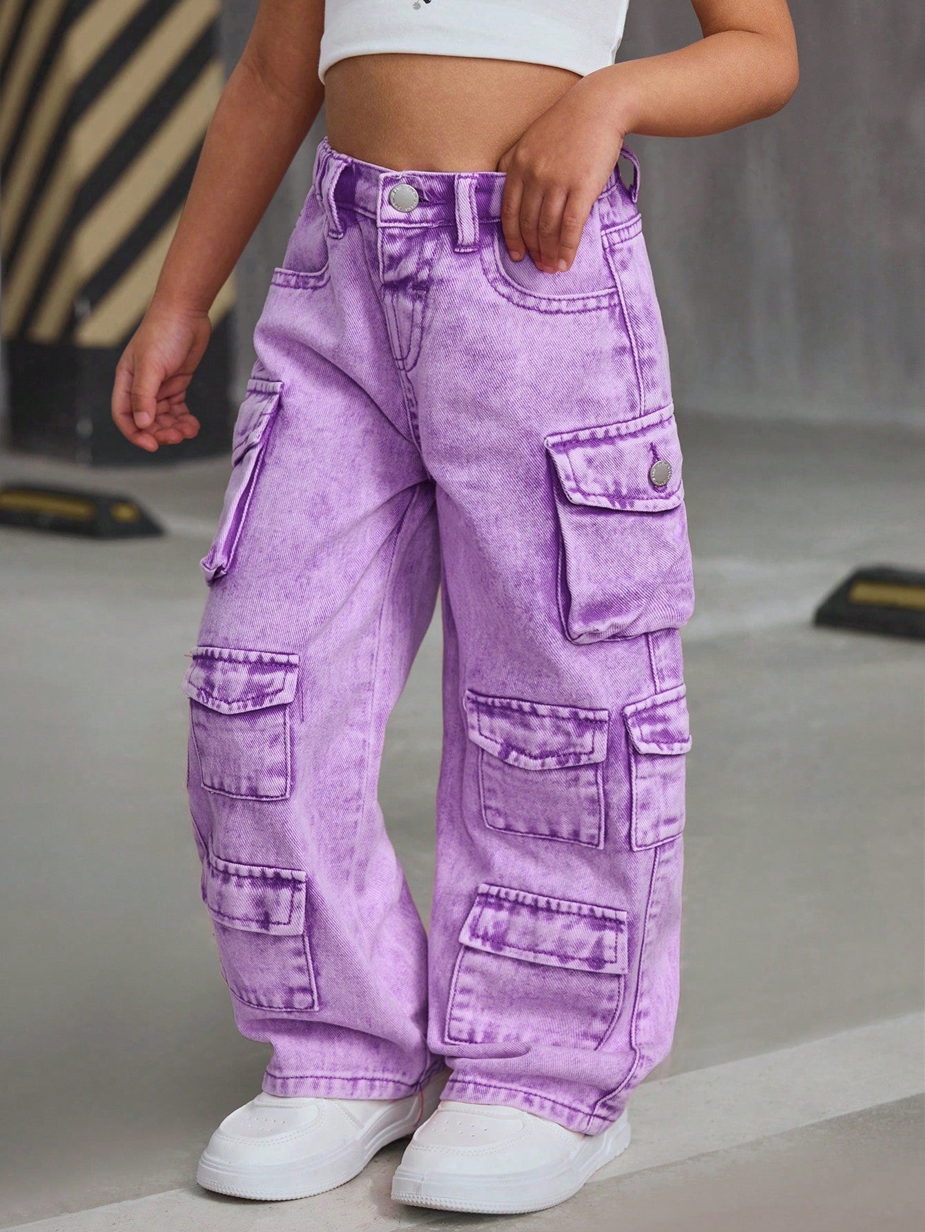 SLAYR KIDS Young Girl Pink Denim Loose Wide-Leg Pants Pink Cargo Pantskids Cargo Pants Girly2K Pants for Young Girl