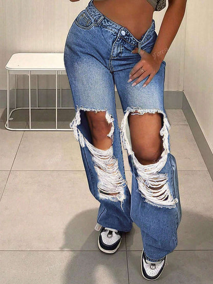 Cut Out Ripped Fringe Trim Straight Leg Jeans