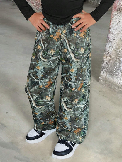 Streecool Kids Young Girl Loose Fit Camouflage Pants, Streetwear Dark Casual Style, Multi-Wear for Autumn/Winter, Suitable for Streetstyle and Everyday