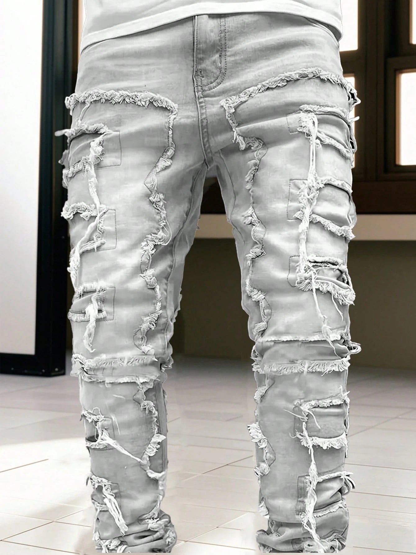 Men'S Fashion Streetwear Creative Layered Fringe Detail Jeans