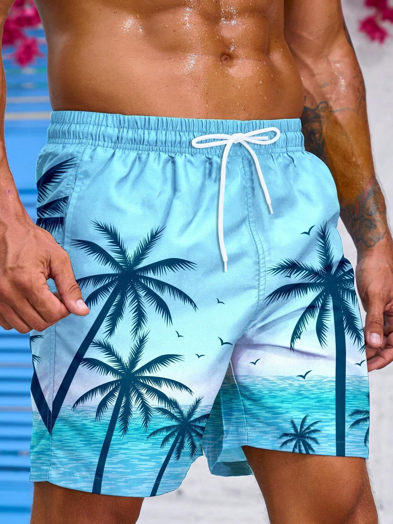 Manfinity Men'S Coconut Tree & Ocean Scenery Graphic Printed Beach Shorts Pool Shorts, for Beach, Vacation