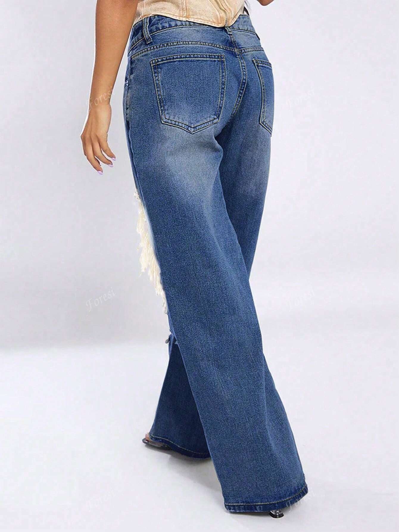 Cut Out Ripped Fringe Trim Straight Leg Jeans