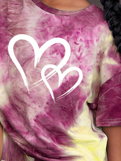 Tie-Dye Heart Design, Young Girls' Casual Simple Short Sleeve T-Shirt and Shorts Set, Suitable for Summer Young Girl Two Piece Setkids Two Piece Setskids Streetwear