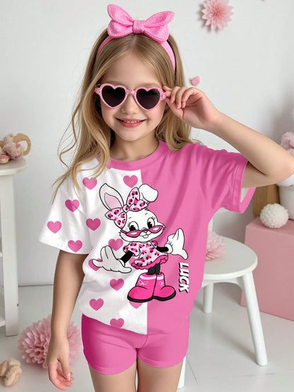 Young Girl round Neck Short Sleeve Heart Letter Print Top and Casual Street Style Shorts Set, Suitable for Summer