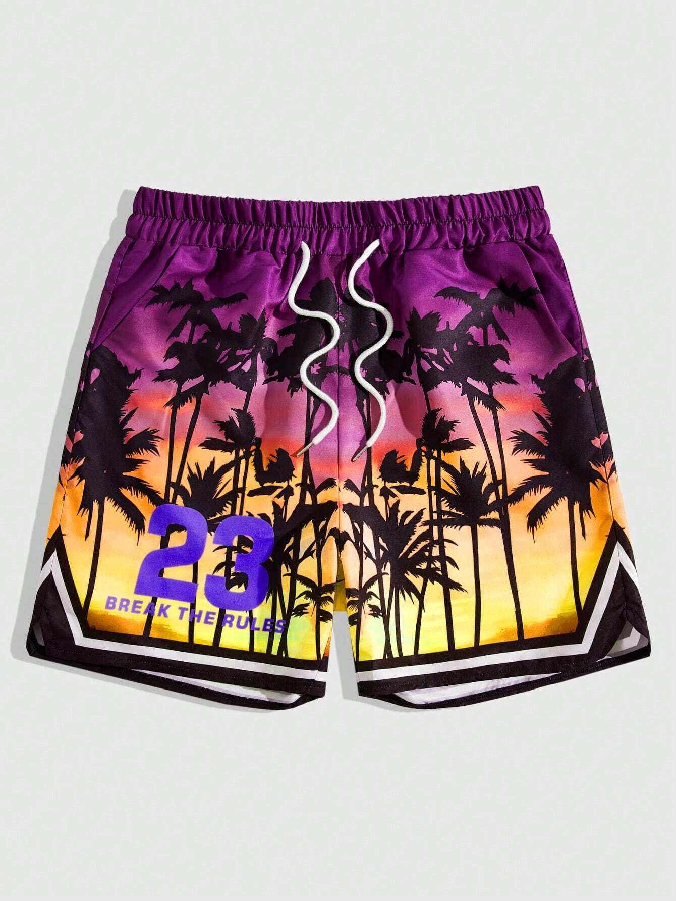 ROMWE Street Life Men'S Palm Tree & Letter Print Drawstring Waist Basketball Shorts