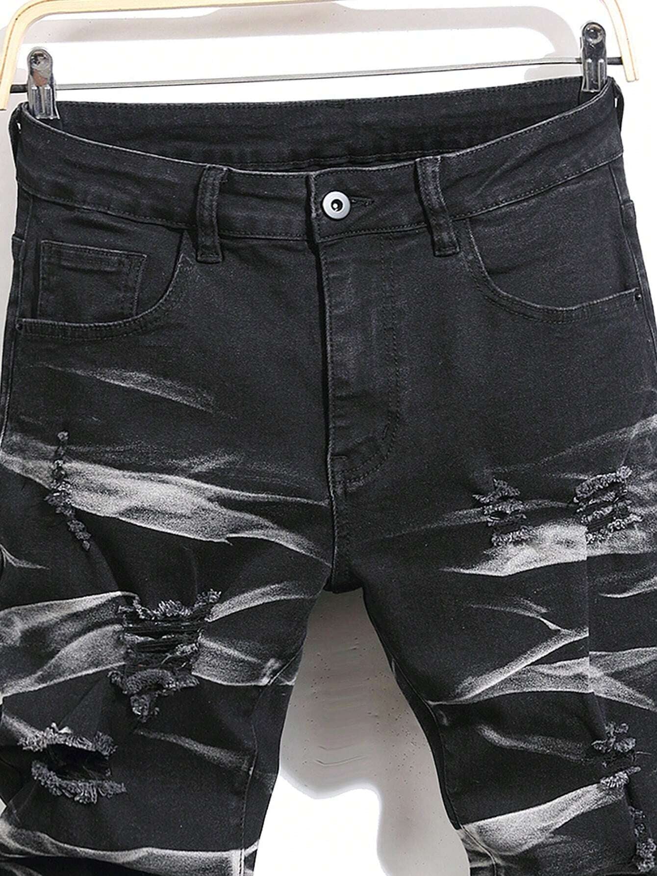 Manfinity LEGND Men'S Slim-Fit Denim Pants with Pockets and Distressed Design for Daily and Travel