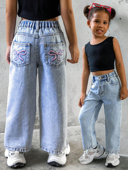 Streecool Kids Young Girls Fashionable Casual Washed Denim Straight-Leg Pants with Embroidered Back Pockets Wide Leg Jeans Kidsbaggy Jeans Young Girl Girls