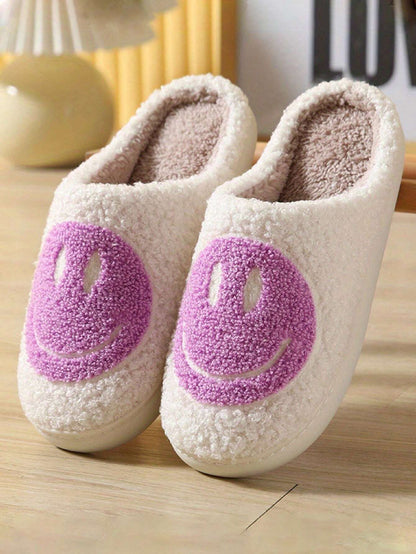 Women'S Cute Cartoon Smiling Face Fabric Slippers, Thick Sole Anti-Slip Warm Indoor Couple Slippers, Christmas Gifts