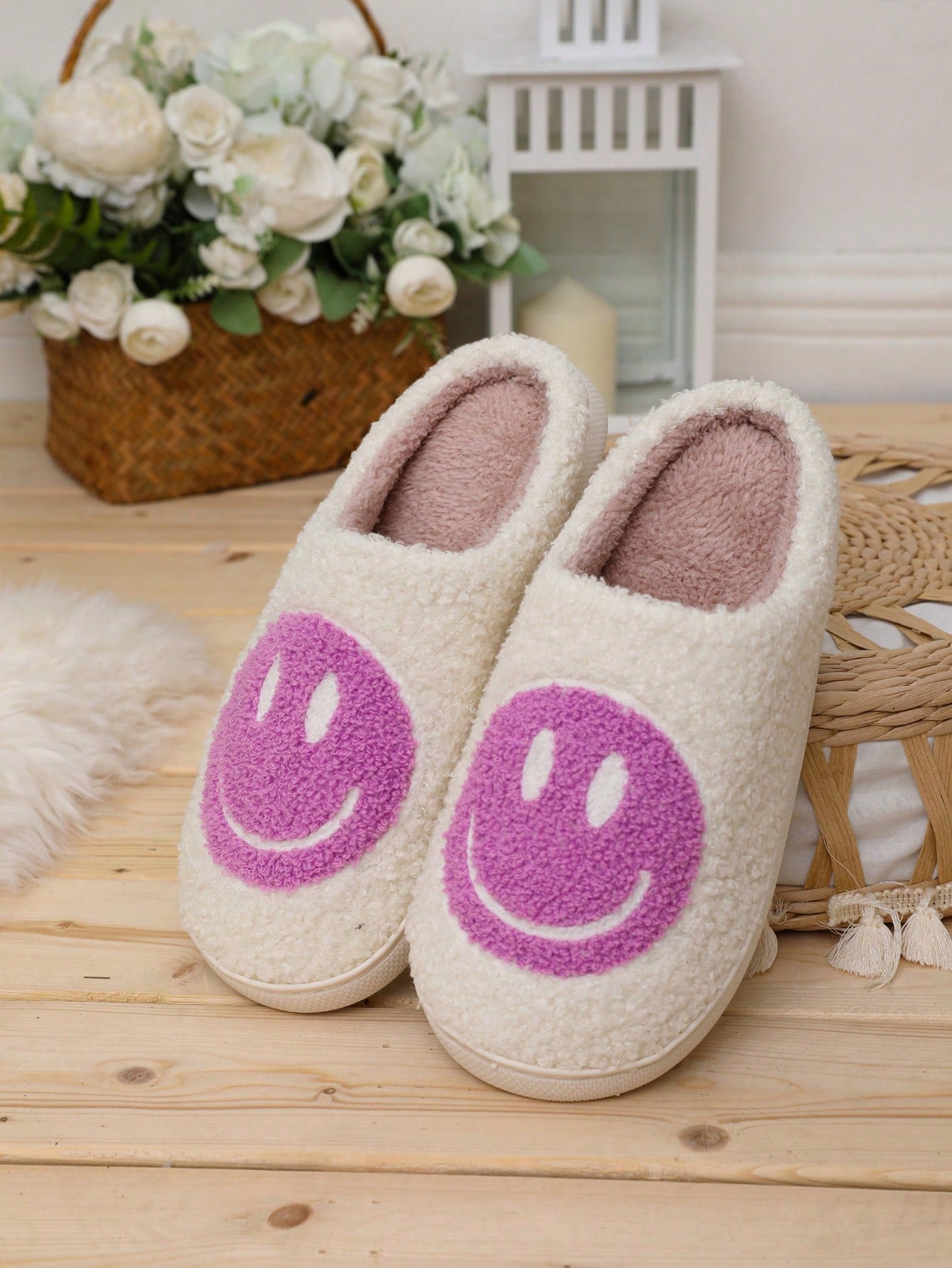 Women'S Cute Cartoon Smiling Face Fabric Slippers, Thick Sole Anti-Slip Warm Indoor Couple Slippers, Christmas Gifts