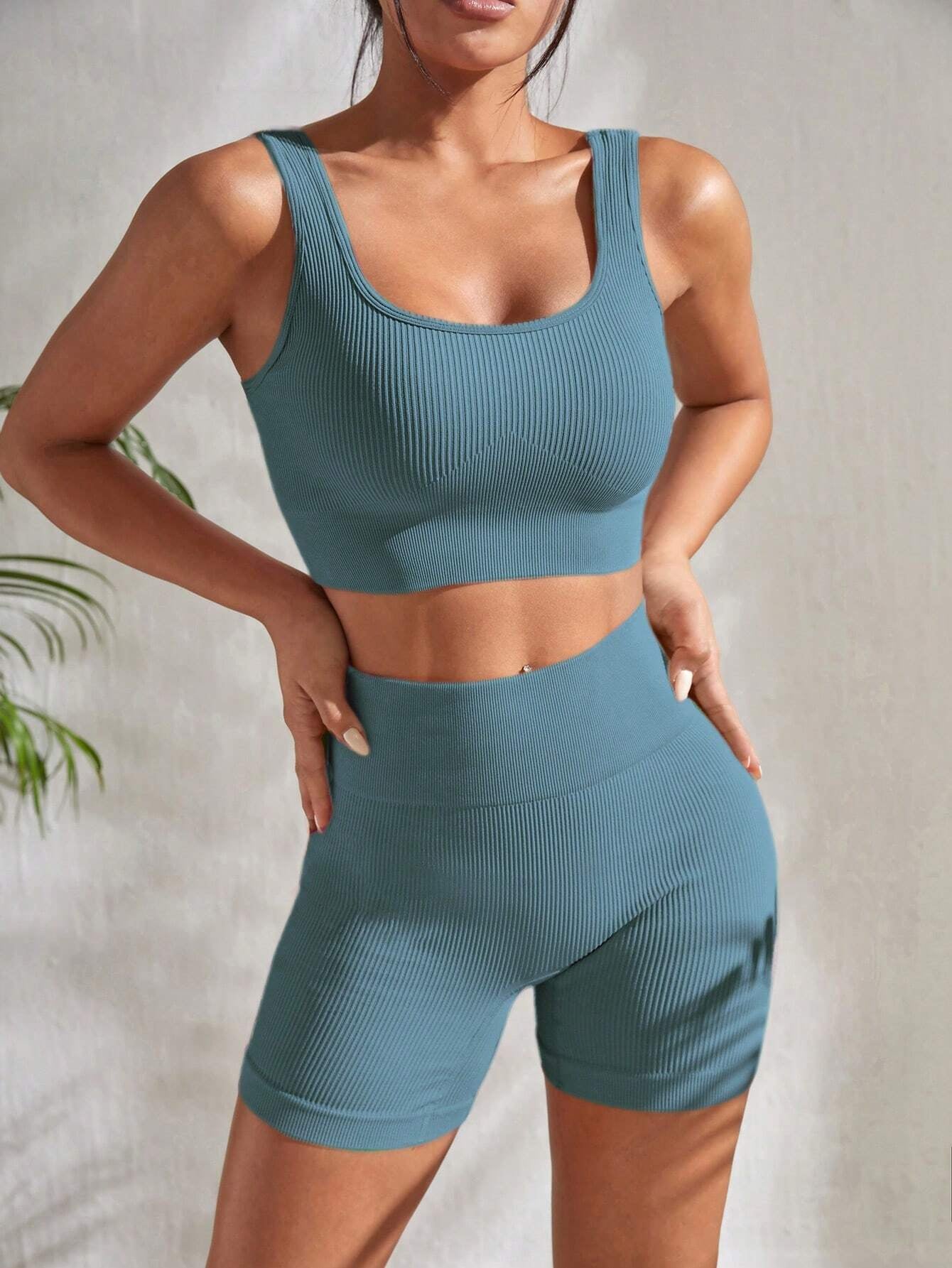 Sport Studio Ribbed Knit Wideband Waist Sports Set Workout Women Set