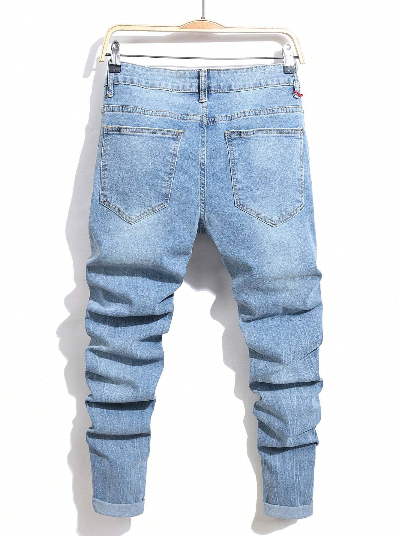 Manfinity LEGND Men'S Slim-Fit Denim Pants with Pockets and Distressed Design for Daily and Travel