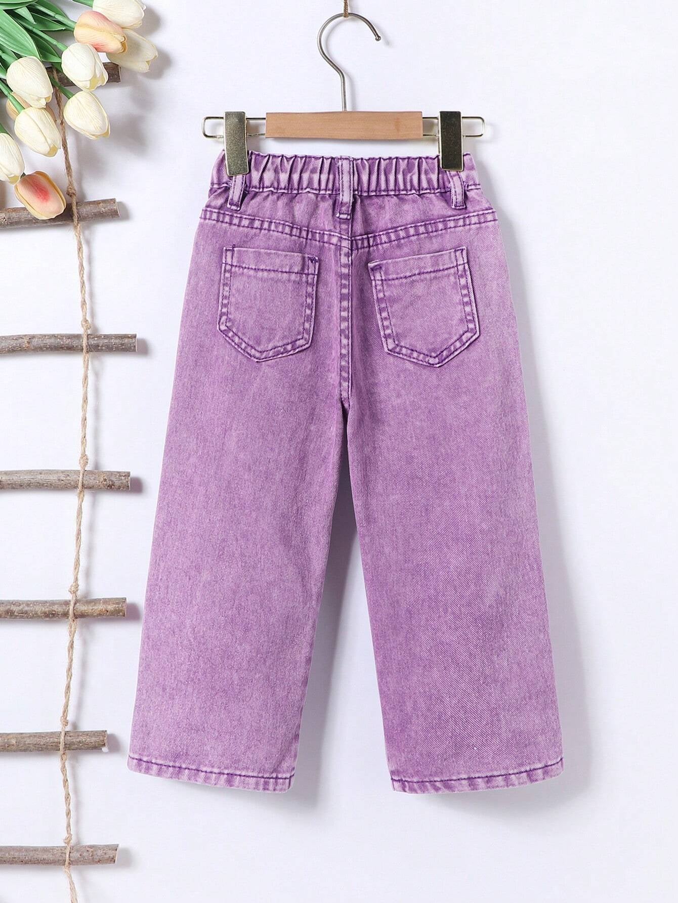 Streecool Kids Young Girls Vintage Streetwear Ripped Distressed Multi-Pockets Washed Light Blue Straight Leg Denim Cargo Pants