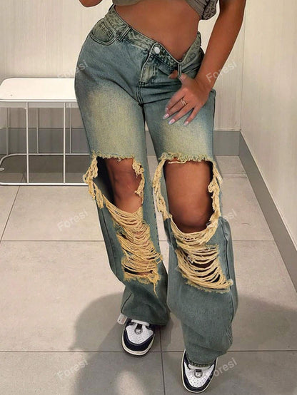 Cut Out Ripped Fringe Trim Straight Leg Jeans