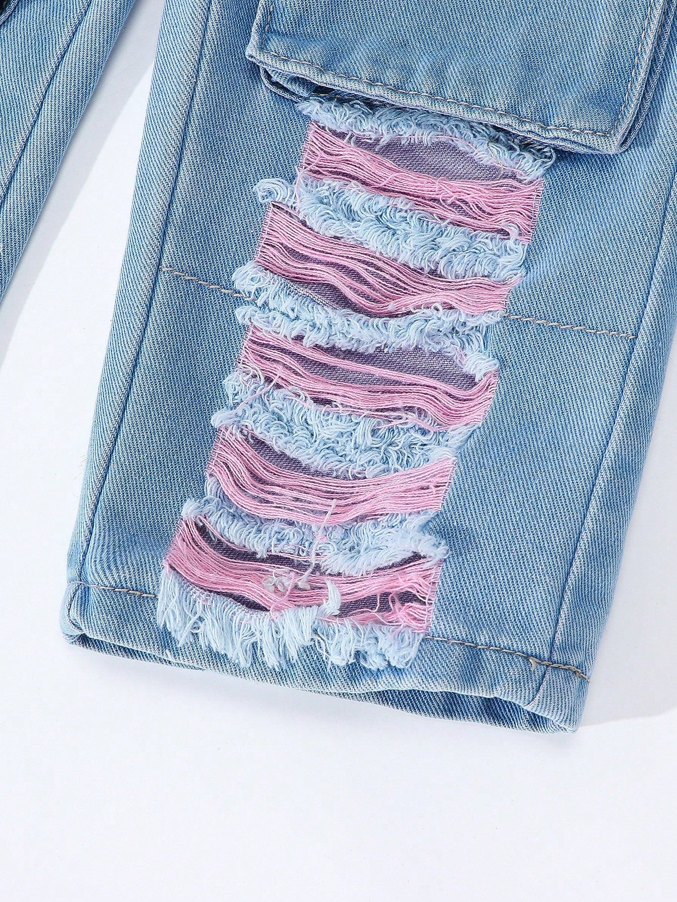 Streecool Kids Young Girls Vintage Streetwear Ripped Distressed Multi-Pockets Washed Light Blue Straight Leg Denim Cargo Pants