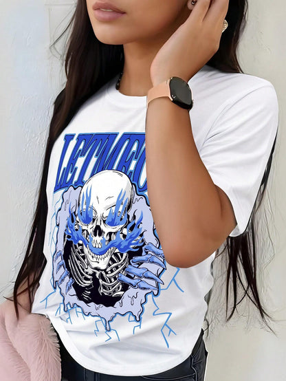 INAWLY Women'S Loose Casual Skull & English Letter Print round Neck Short Sleeve T-Shirt, Summer Graphic Tees Women Tops