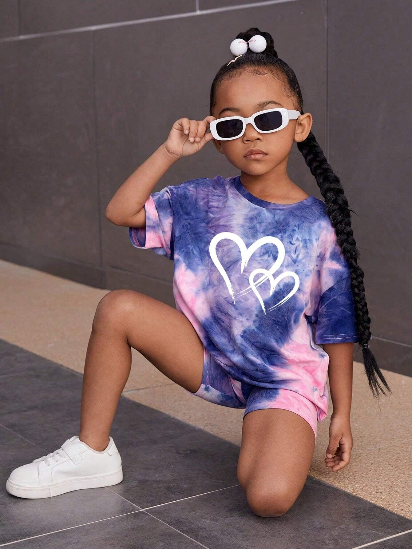 Tie-Dye Heart Design, Young Girls' Casual Simple Short Sleeve T-Shirt and Shorts Set, Suitable for Summer Young Girl Two Piece Setkids Two Piece Setskids Streetwear