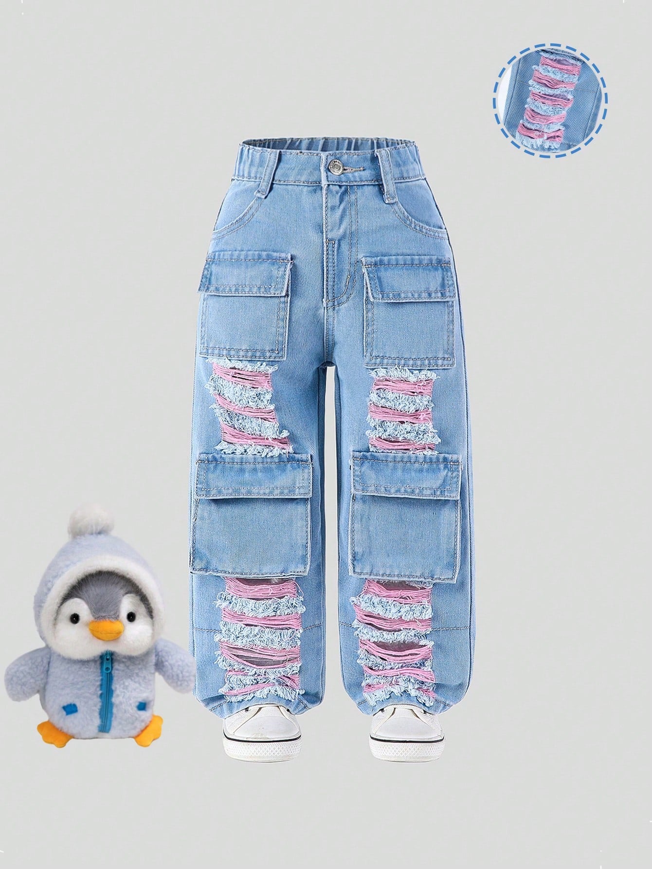 Streecool Kids Young Girls Vintage Streetwear Ripped Distressed Multi-Pockets Washed Light Blue Straight Leg Denim Cargo Pants