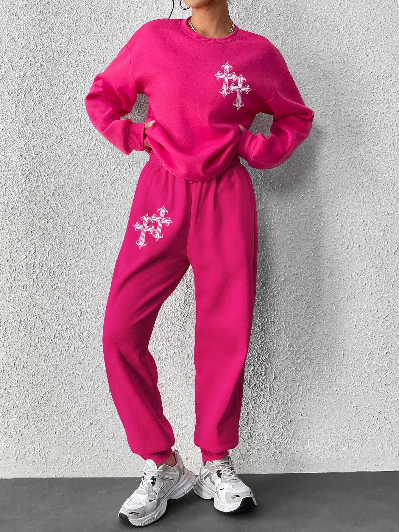 Women'S Cross Printed Long Sleeve Sweatshirt and Sweatpants Tracksuit Set