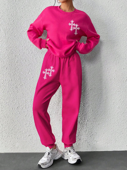 Women'S Cross Printed Long Sleeve Sweatshirt and Sweatpants Tracksuit Set