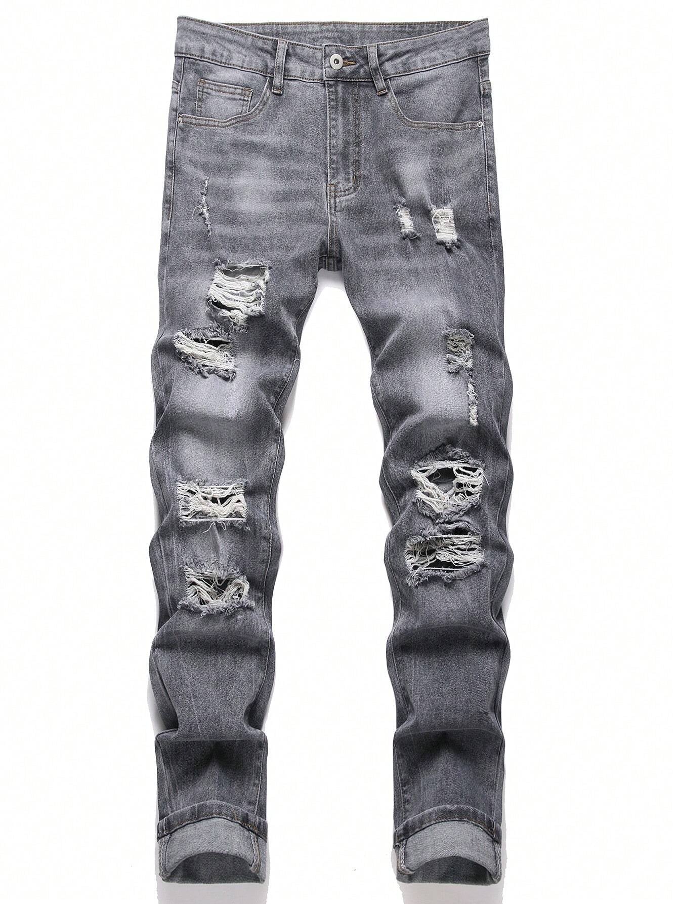 Manfinity LEGND Men'S Slim-Fit Denim Pants with Pockets and Distressed Design for Daily and Travel