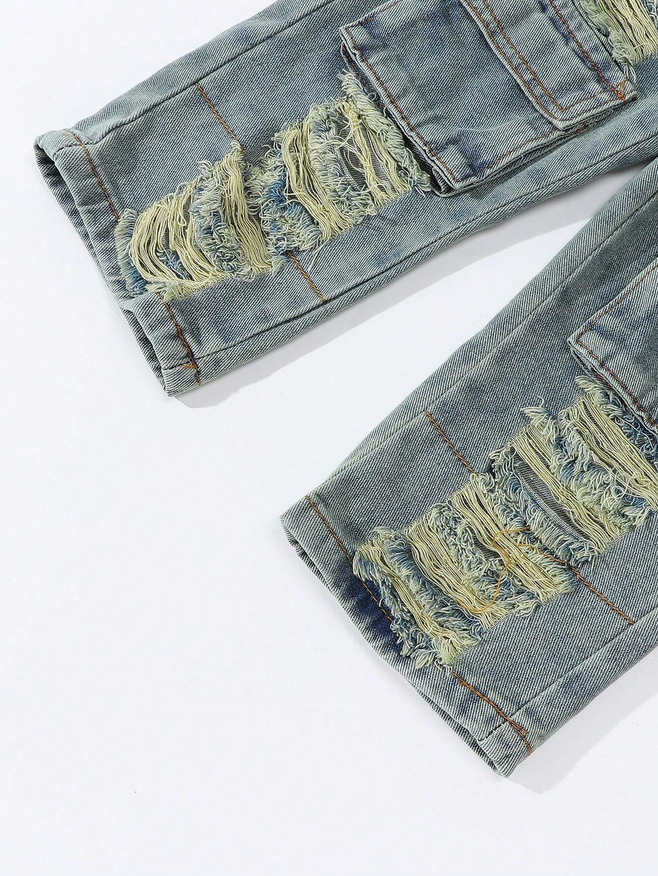 Streecool Kids Young Girls Vintage Streetwear Ripped Distressed Multi-Pockets Washed Light Blue Straight Leg Denim Cargo Pants