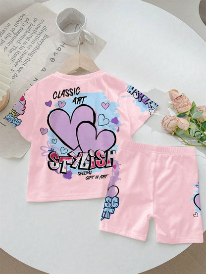 Young Girl round Neck Short Sleeve Heart Letter Print Top and Casual Street Style Shorts Set, Suitable for Summer