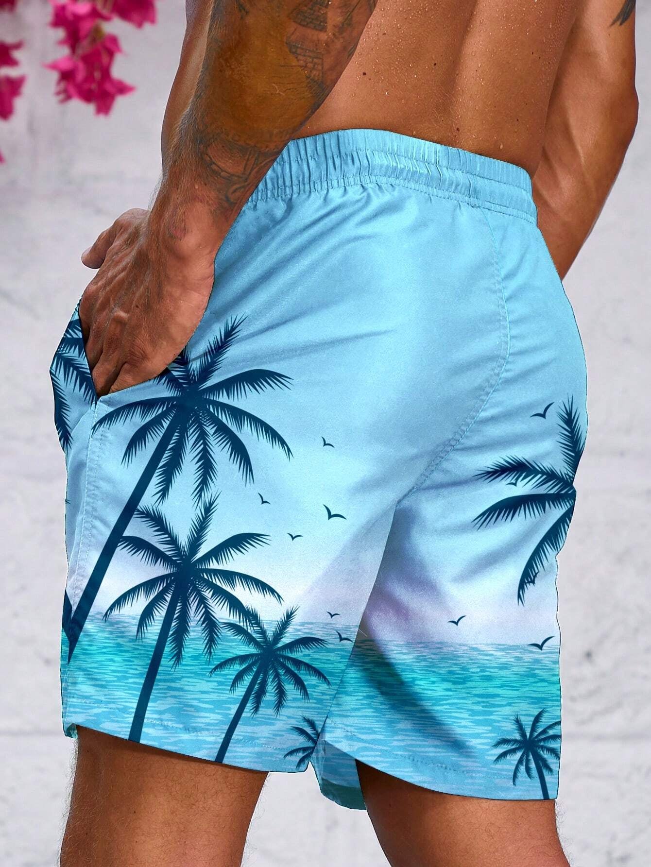 Manfinity Men'S Coconut Tree & Ocean Scenery Graphic Printed Beach Shorts Pool Shorts, for Beach, Vacation