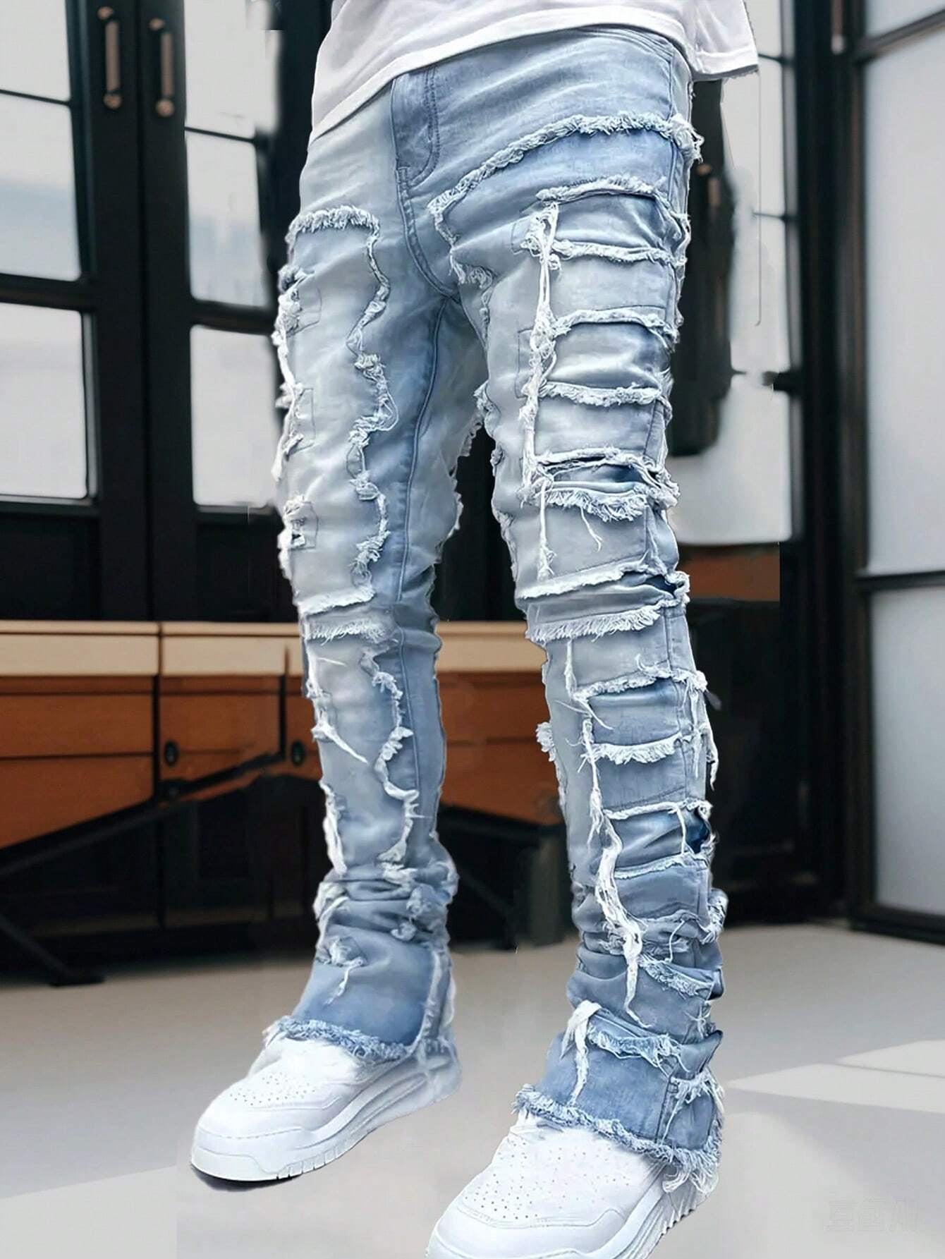 Men'S Fashion Streetwear Creative Layered Fringe Detail Jeans