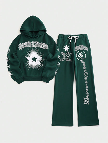 Streethx Hooded Sweatshirt and Pants Set with Printed Pattern