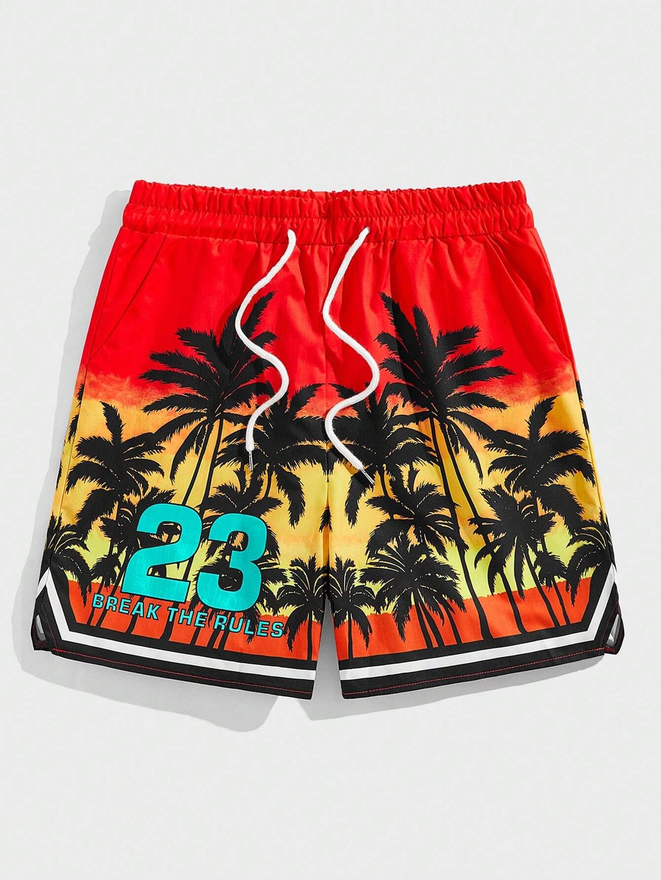 ROMWE Street Life Men'S Palm Tree & Letter Print Drawstring Waist Basketball Shorts