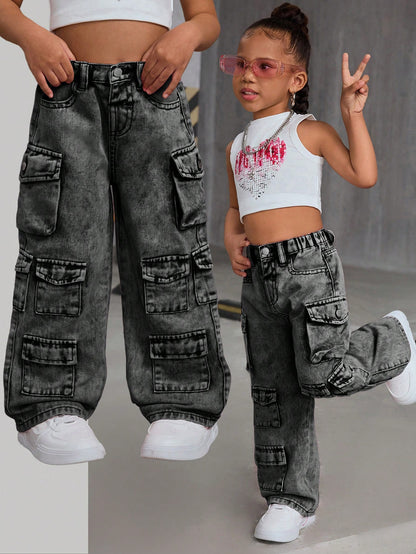 SLAYR KIDS Young Girl Pink Denim Loose Wide-Leg Pants Pink Cargo Pantskids Cargo Pants Girly2K Pants for Young Girl