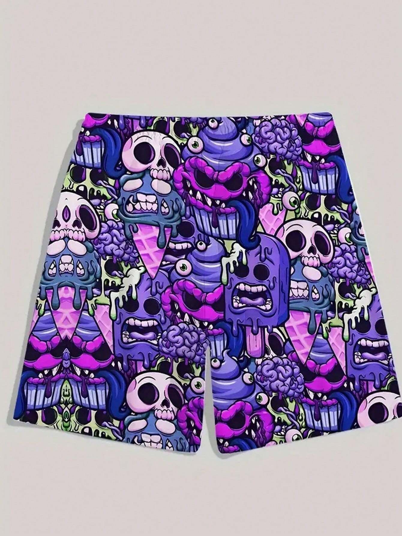 Men Skull Print Drawstring Waist Swim Trunks