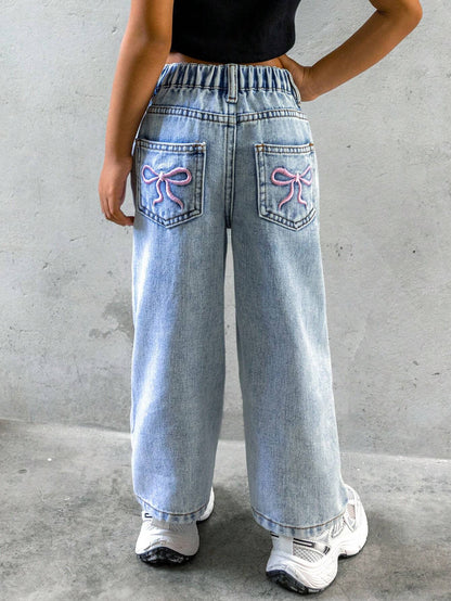 Streecool Kids Young Girls Fashionable Casual Washed Denim Straight-Leg Pants with Embroidered Back Pockets Wide Leg Jeans Kidsbaggy Jeans Young Girl Girls