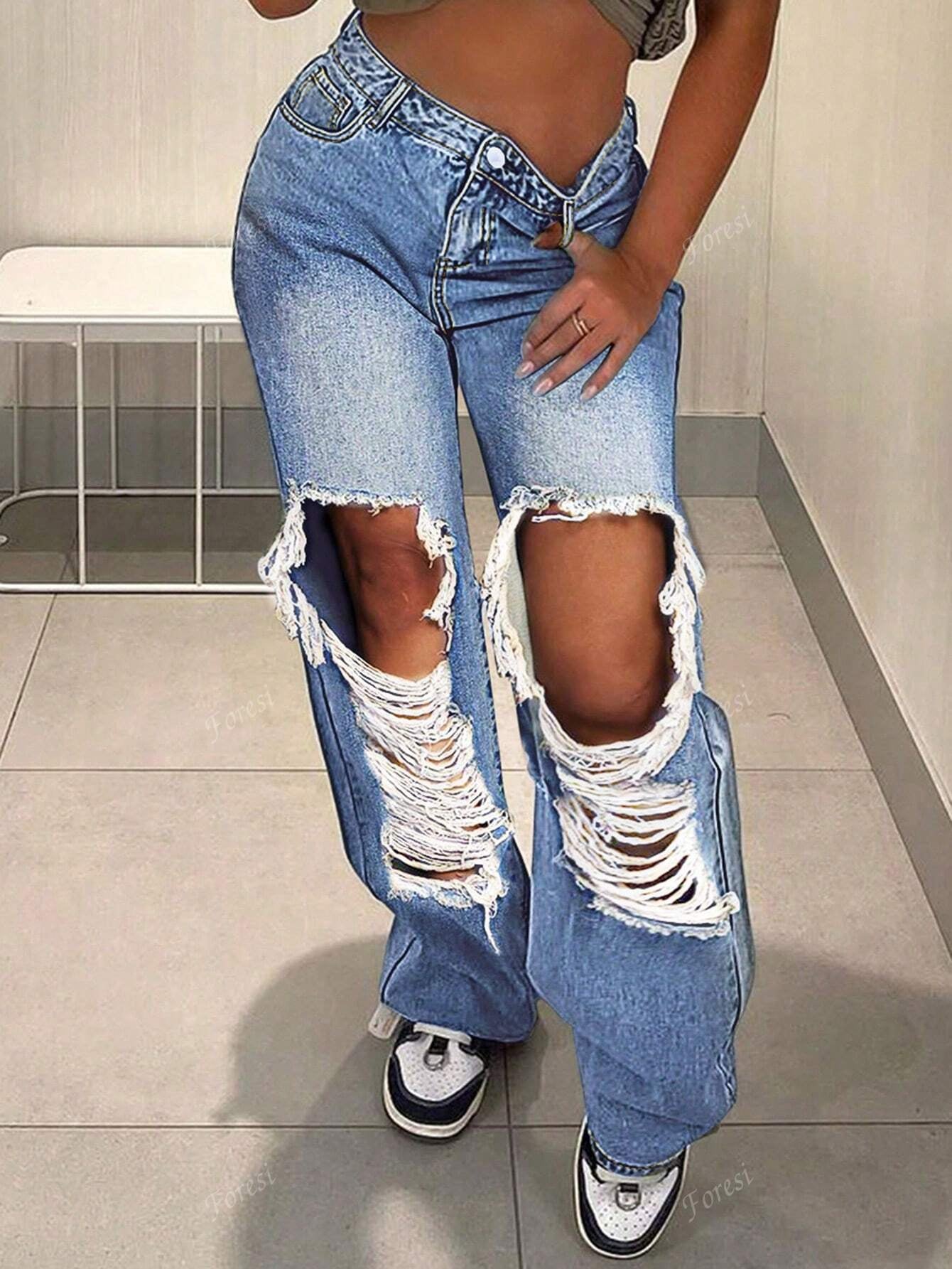 Cut Out Ripped Fringe Trim Straight Leg Jeans