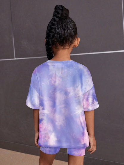 Tie-Dye Heart Design, Young Girls' Casual Simple Short Sleeve T-Shirt and Shorts Set, Suitable for Summer Young Girl Two Piece Setkids Two Piece Setskids Streetwear