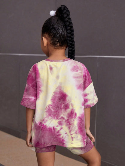 Tie-Dye Heart Design, Young Girls' Casual Simple Short Sleeve T-Shirt and Shorts Set, Suitable for Summer Young Girl Two Piece Setkids Two Piece Setskids Streetwear