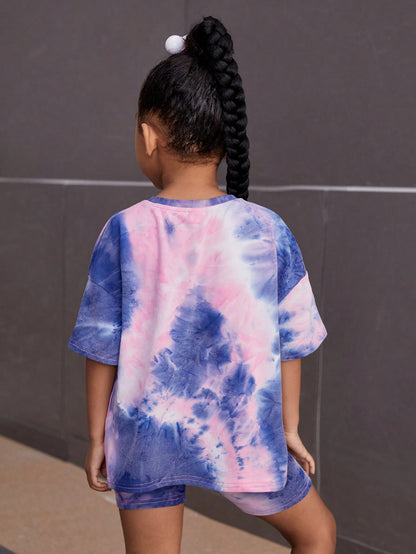 Tie-Dye Heart Design, Young Girls' Casual Simple Short Sleeve T-Shirt and Shorts Set, Suitable for Summer Young Girl Two Piece Setkids Two Piece Setskids Streetwear