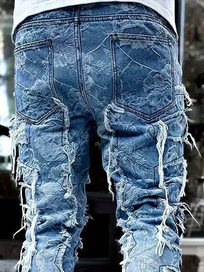 Plus Size Men'S Fashion Jacquard Fringed Detail Jeans