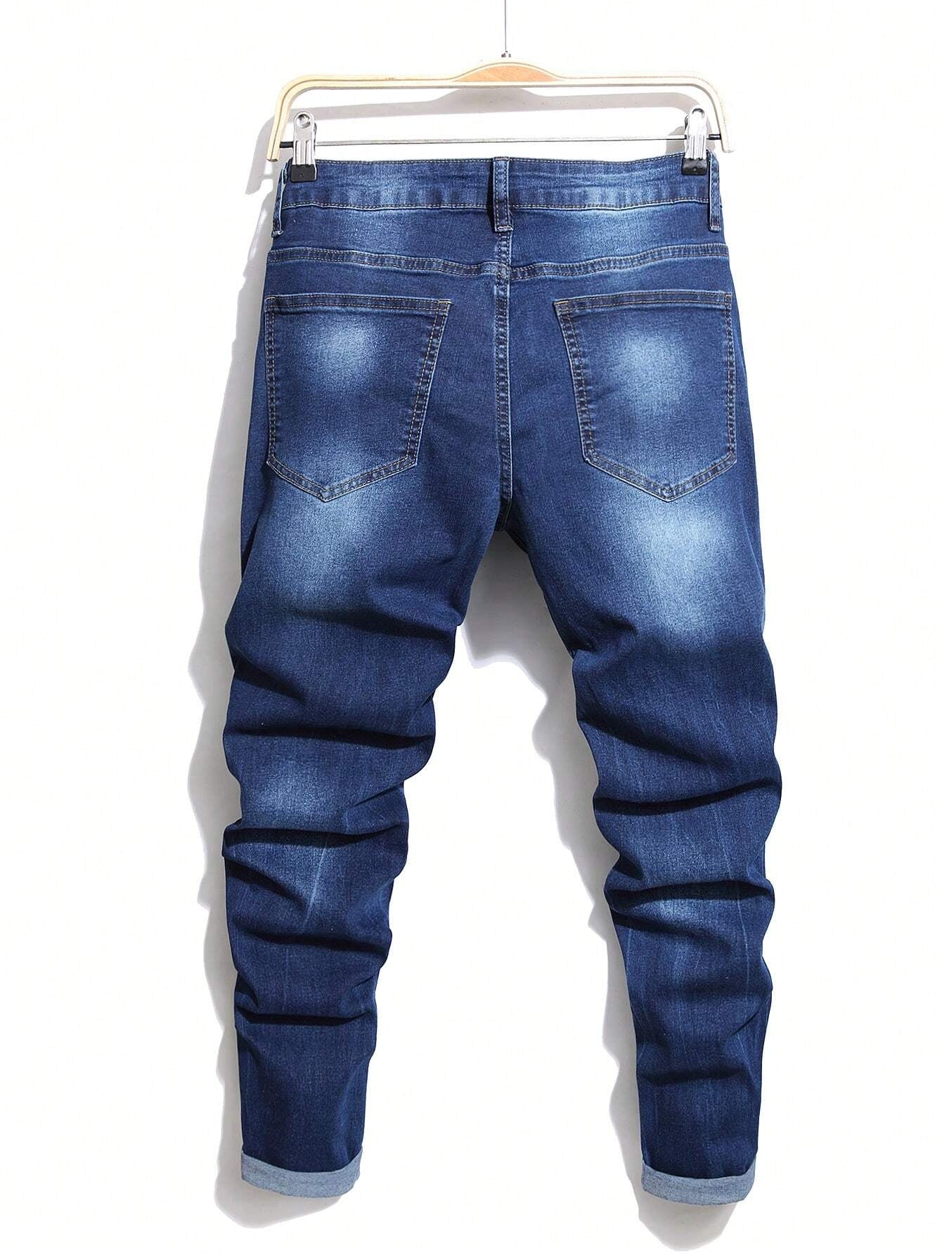 Manfinity LEGND Men'S Slim-Fit Denim Pants with Pockets and Distressed Design for Daily and Travel